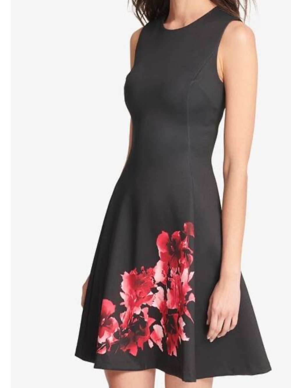 DKNY Black Sleeveless Fit-and-Flare Dress with Red Floral Hem